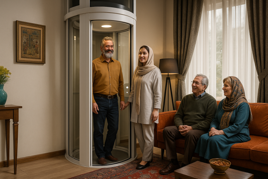 تصویر یک خانواده ایرانی در خانه‌ای مدرن که در کنار یک هوم‌لیفت شیشه‌ای خانگی قرار دارند؛ سالمند و جوان با لبخند و احساس رضایت در فضایی روشن و گرم با دکوراسیون ترکیبی ایرانی و مدرن.