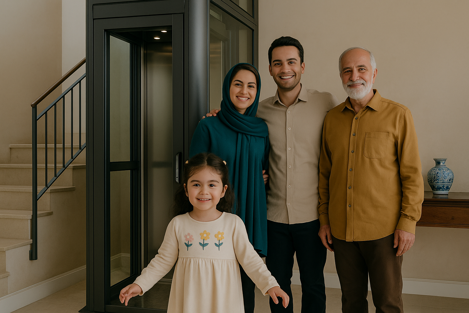 خانواده‌ای سه‌نسله‌ی ایرانی در خانه‌ای مدرن با نور طبیعی و طراحی داخلی ایرانی ایستاده‌اند؛ در پس‌زمینه یک هوم‌لیفت شیشه‌ای دیده می‌شود و اعضای خانواده با لبخند و احساس رضایت در کنار آن قرار دارند.