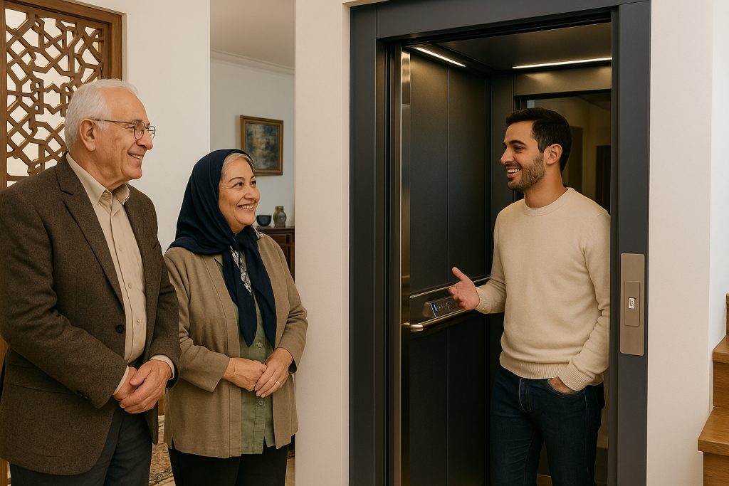 نمایی واقعی از یک خانه مدرن ایرانی در سال ۱۴۰۴ که در آن یک کارشناس در حال ارائه مشاوره درباره قیمت و نصب هوم‌لیفت به زوجی سالمند است. طراحی فضا ترکیبی از عناصر مدرن و ایرانی است و حس رضایت و اعتماد کاربران از انتخاب هوم‌لیفت را منتقل می‌کند.