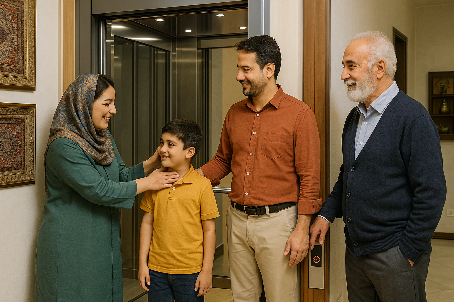 خانواده ایرانی چندنسلی در کنار هوم‌لیفت شیشه‌ای در خانه‌ای مدرن و روشن با دکوراسیون ایرانی و حس آرامش.