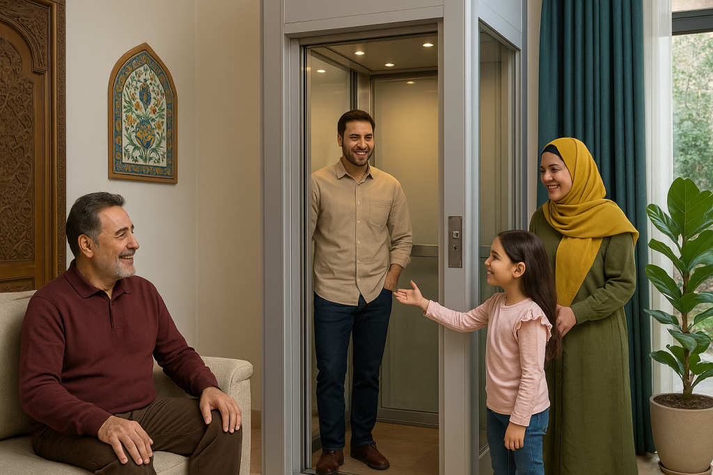 یک خانواده ایرانی شاد در خانه‌ای دوبلکس مدرن در کنار یک هوم‌لیفت شیشه‌ای ایستاده‌اند. نور طبیعی از پنجره‌ها می‌تابد، فضای خانه دارای کف چوبی و دکور ایرانی است و اعضای خانواده با لبخند و آرامش دیده می‌شوند.