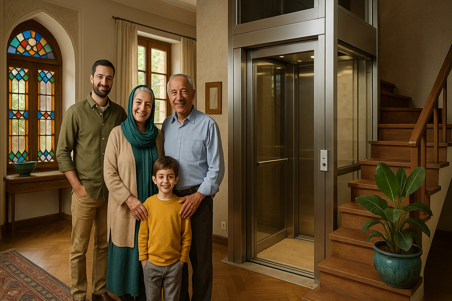 یک خانواده چندنسله ایرانی در خانه‌ای قدیمی اما بازسازی‌شده ایستاده‌اند. در کنار آن‌ها یک هوم‌لیفت شیشه‌ای مدرن نصب شده است. دکور شامل فرش ایرانی، پنجره‌های رنگی و پله‌های چوبی است و نور طبیعی فضا را روشن کرده است.