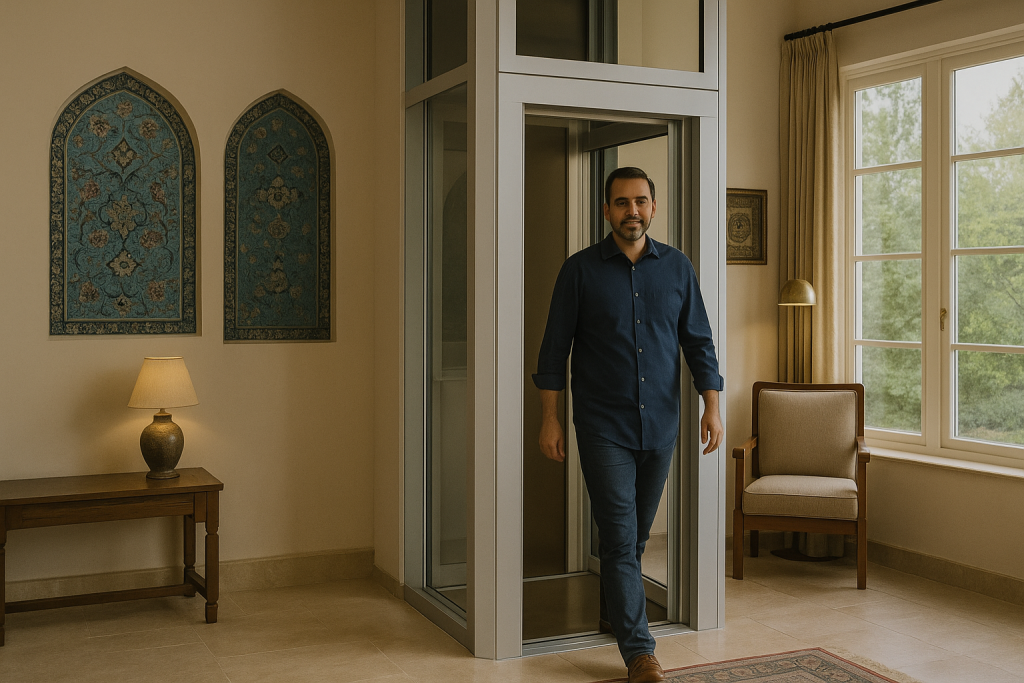 نمایی از خانه‌ای ایرانی با طراحی مدرن دوبلکس، هوم‌لیفت شیشه‌ای در سالن نصب شده، مردی میان‌سال در حال خروج از آسانسور است، نور طبیعی از پنجره‌ها وارد می‌شود و دکوراسیون شامل پنجره مشبک و تابلوهای سنتی است.