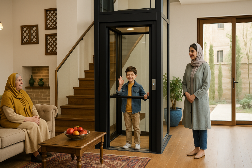 نمایی از خانه‌ای دوبلکس و مدرن با طراحی ایرانی، هوم‌لیفت شیشه‌ای در سالن، کودک در حال استفاده از آسانسور، مادر و مادربزرگ در کنار او با لبخند، کف چوبی، فرش ایرانی و نور طبیعی از پنجره‌ه